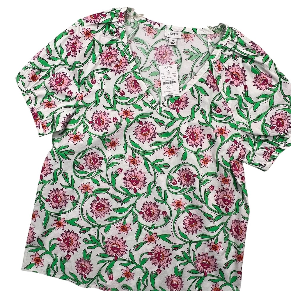 J.Crew Floral V-Neck Blouse Women XS White Pink Green Puff Sleeve CK748 NEW